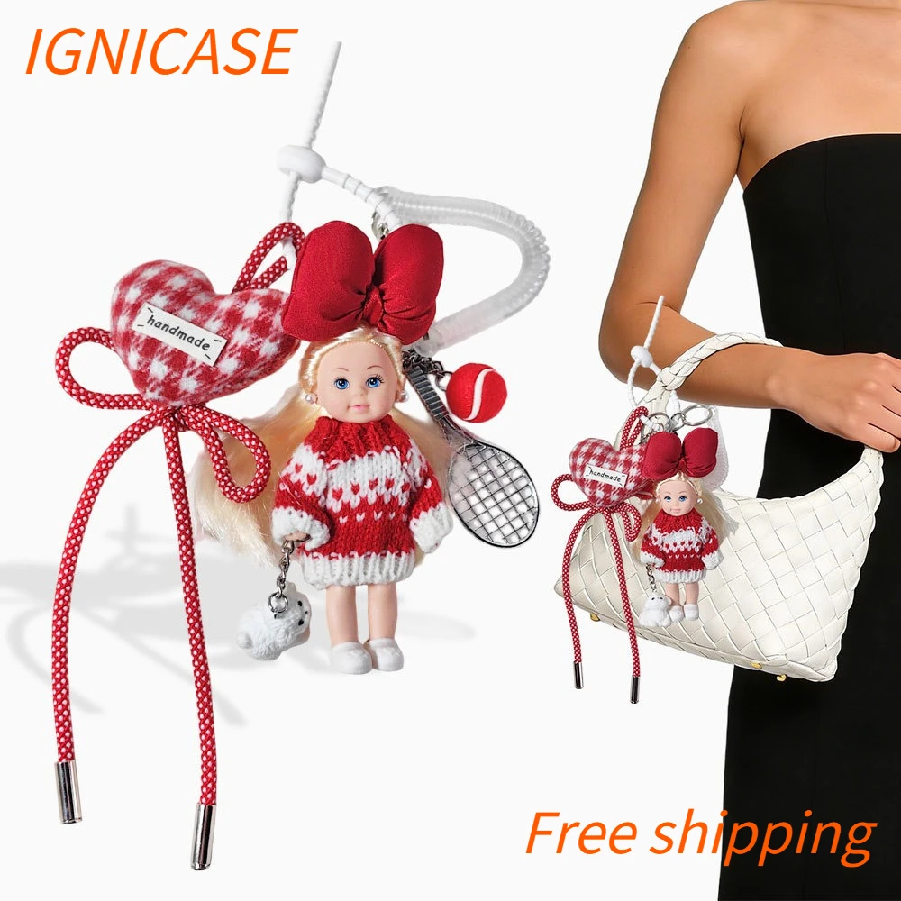 

IGNICASE New Korean Creative Doll Pendant Red Bow Mini Cute Doll Keychain High-end Niche Bag Pendant Personality Bag Accessories