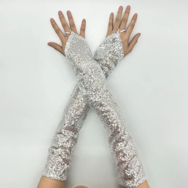 Stage Performance Sequin Reflective Long Gloves, Hook Finger Design Costume Accessories, Show Performance Gloves