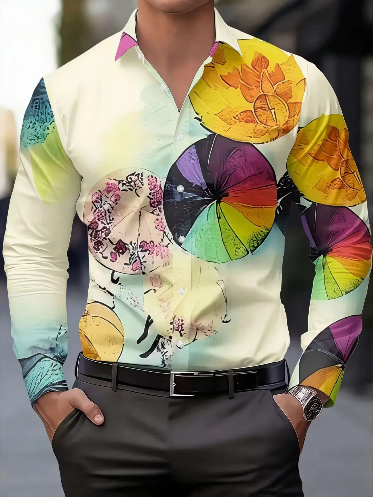 New Sunset Gradient Landscape Printed Men's Long Sleeve Shirt Artistic Outdoor Style Slimming Casual Shirt