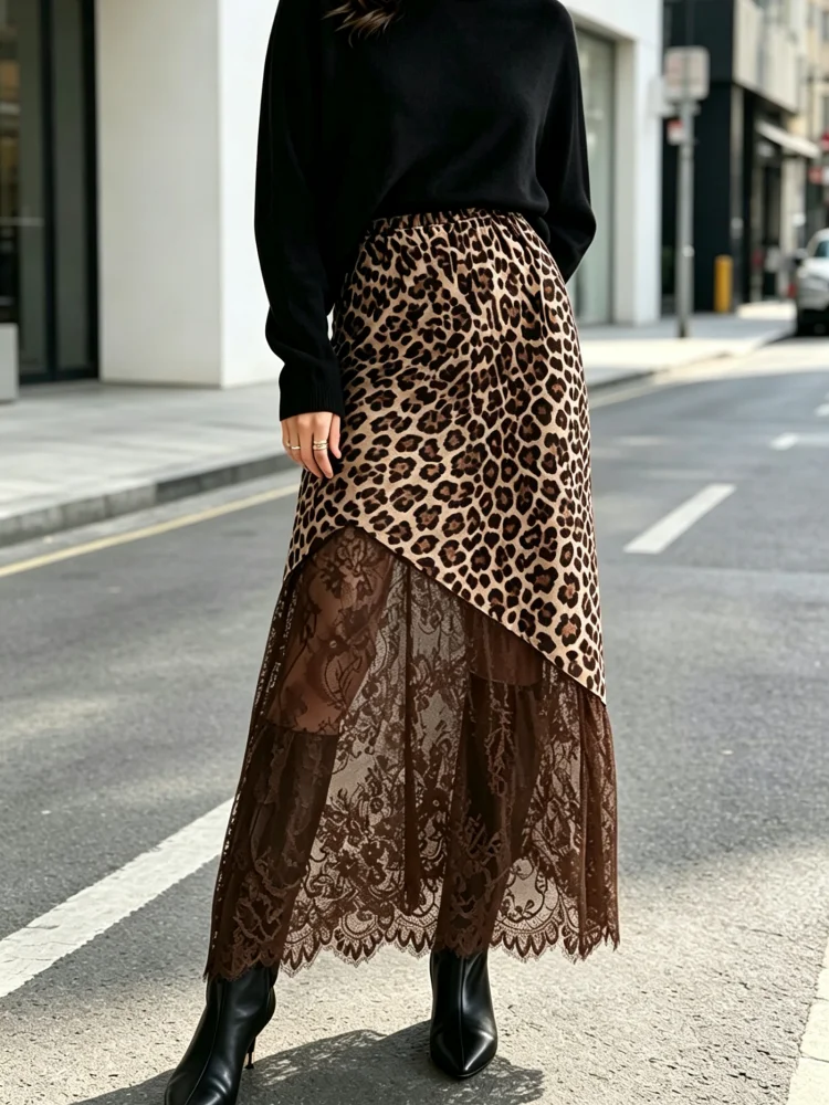 Midi Skirt Leopard Print Brown Lace Spliced Asymmetrical Long Skirt Women Streetwear Elegant Office Daily Wear