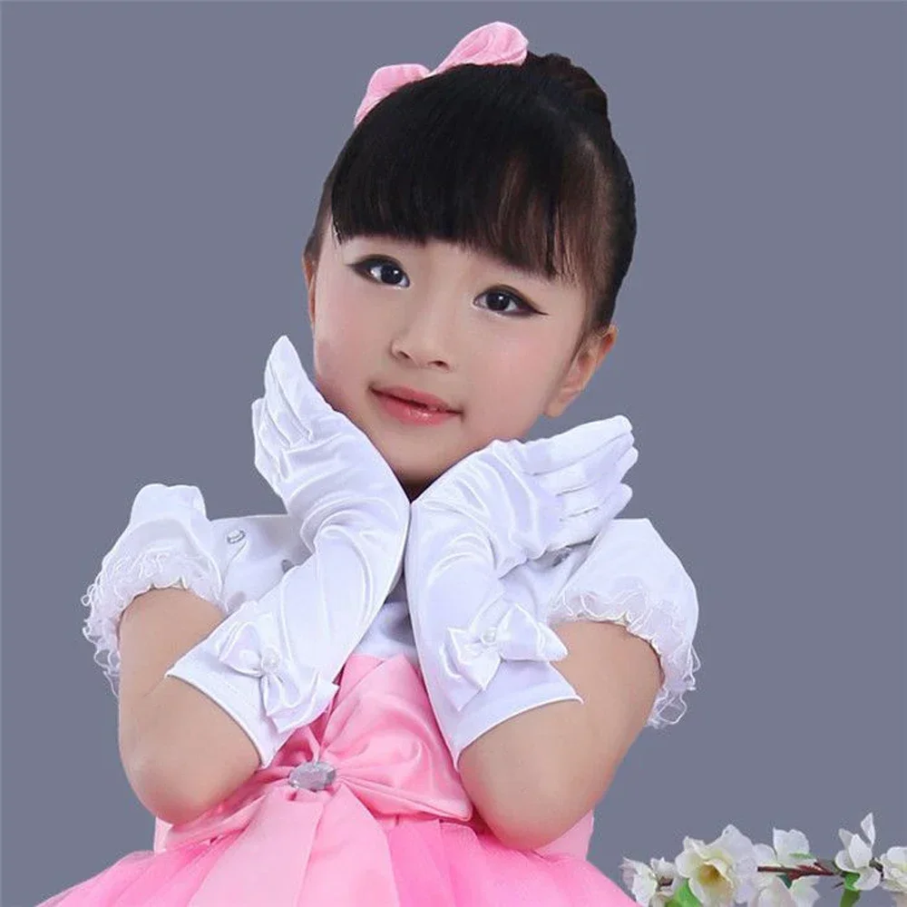 Kids Silk Bow Lace Gloves, Long Elbow, White, Pink, Yellow, Red, Children Princess Dance Performance, Stage Party, Solid Mittens