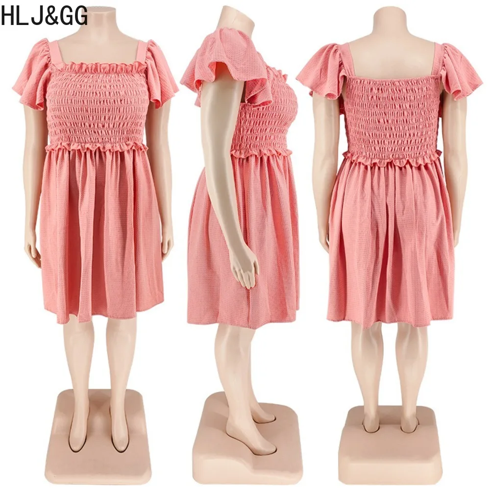 HLJ & 227-Mini robes froncées pour femmes, grande taille, à volants, manches courtes, couleur unie, vêtements éducatifs plissés