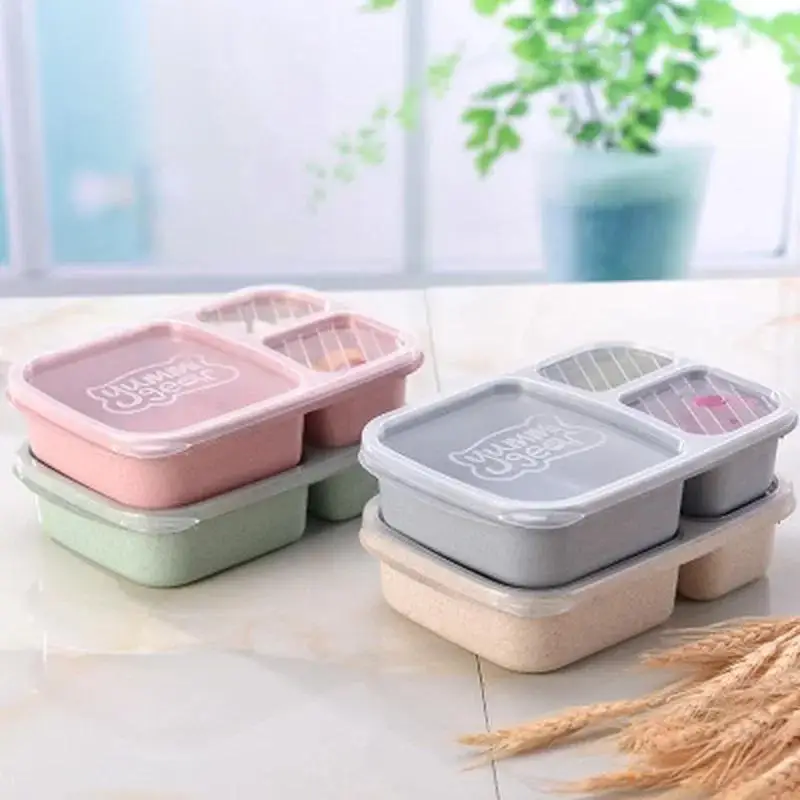 Portable Lunch Wheat Straw Lunch Box Single Layer 3 Grid Lid Microwave Food Box Biodegradable Lunch Storage Container Table Tool