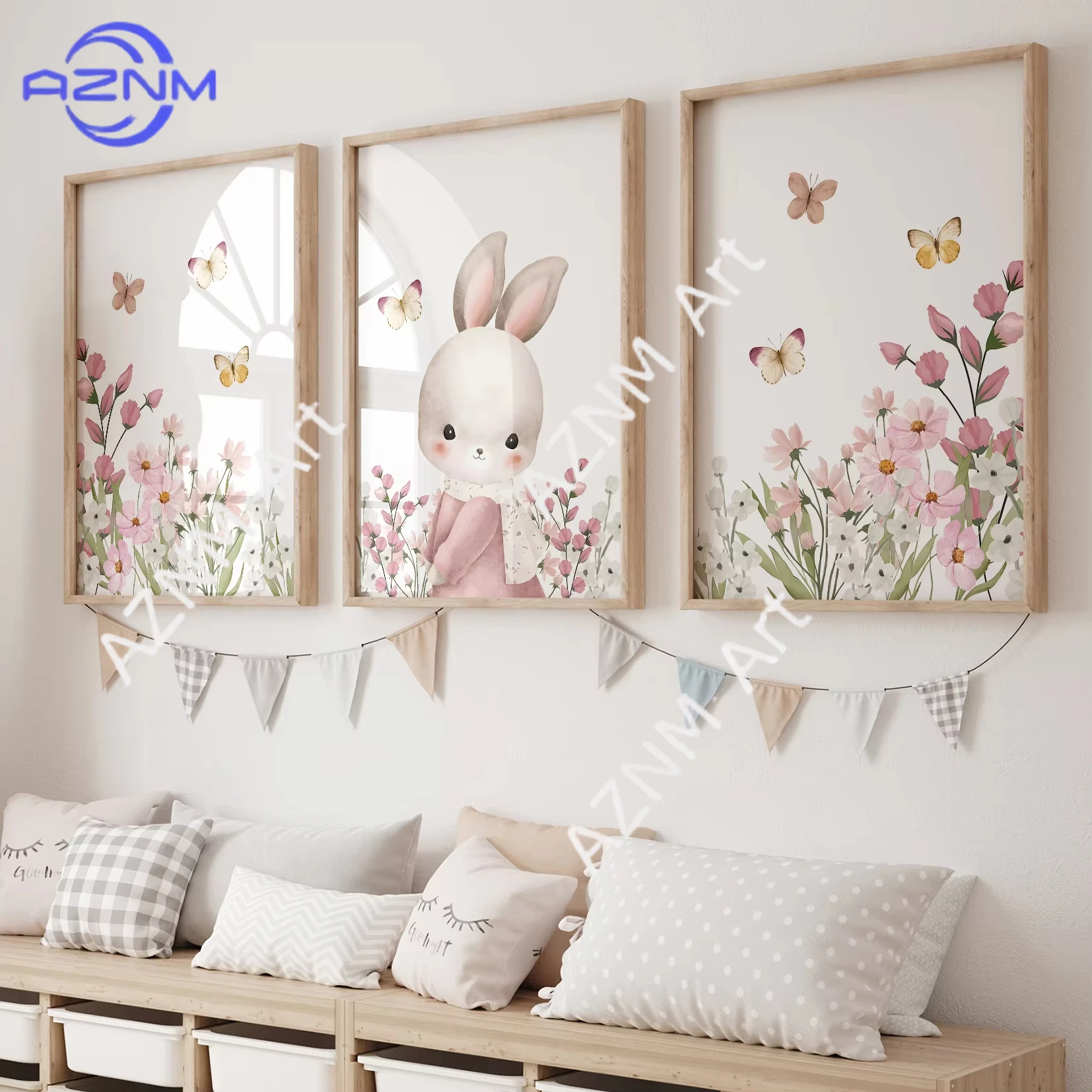 1/3PCS ，Cartoon Children Rabbit In The Flowers Wall Art Prints Canvas Painting Poster Picture For Living Room Home Decor