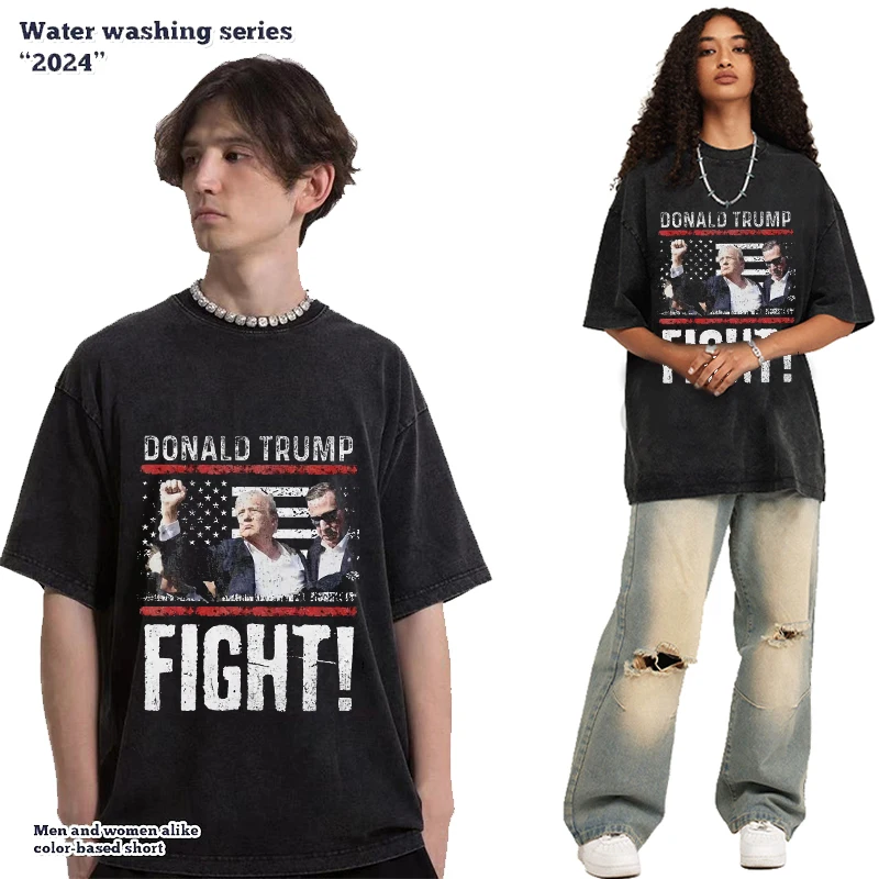 خمر غسلها الرسم تي شيرت ، غسل الحمضية ، قمم الحرفية القديمة ، المحملة ، الولايات المتحدة الأمريكية الرئيس ، ترامب معركة مؤيد المطبوعة الشارع الشهير ، Y2K الملابس