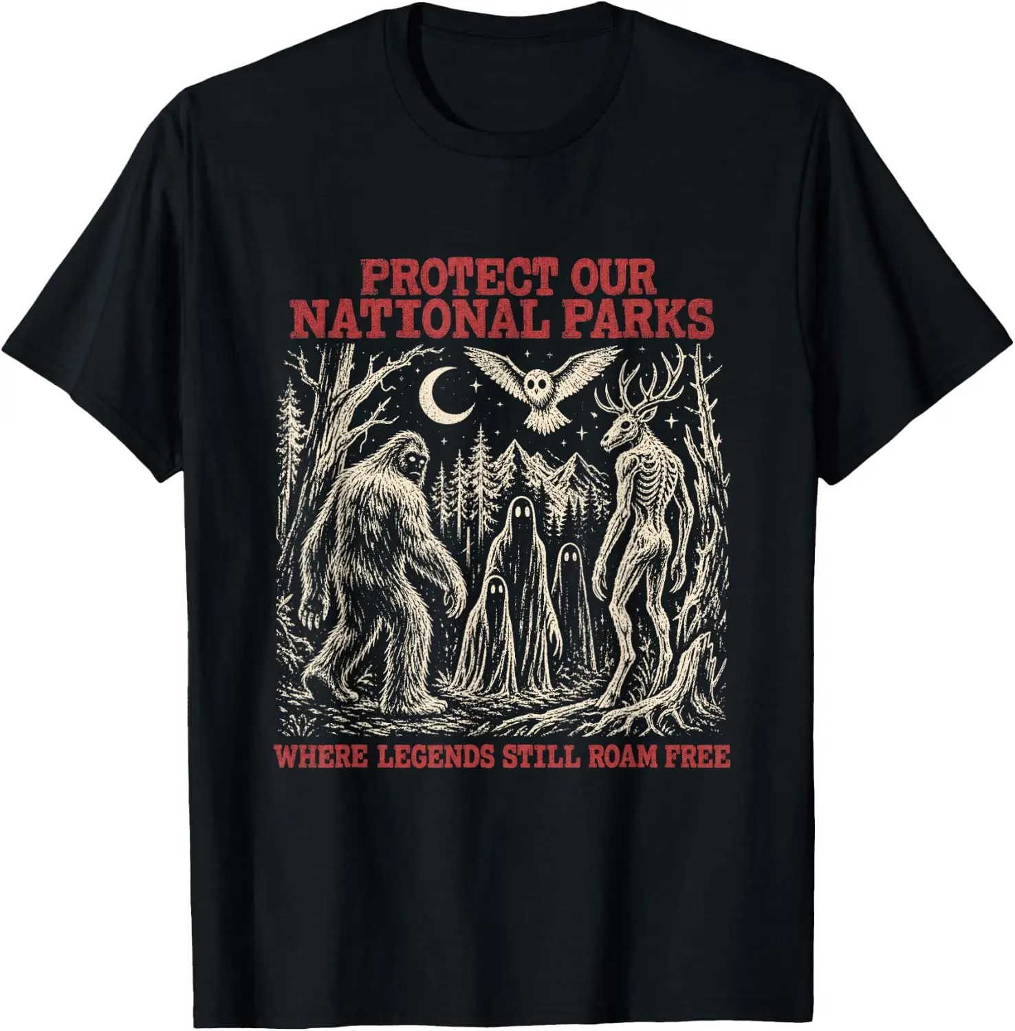 Protect Our National Parks Mothman Cryptid Weirdcore Horror T-Shirt Men Women Unisex Novelty Graphic T‑Shirt, Classic Crew Neck 100% Cotton Tee, Lightweight Anti‑Pilling Breathable Casual Tops, Year‑Round Daily Outfit, Holiday Birthday Present Tee