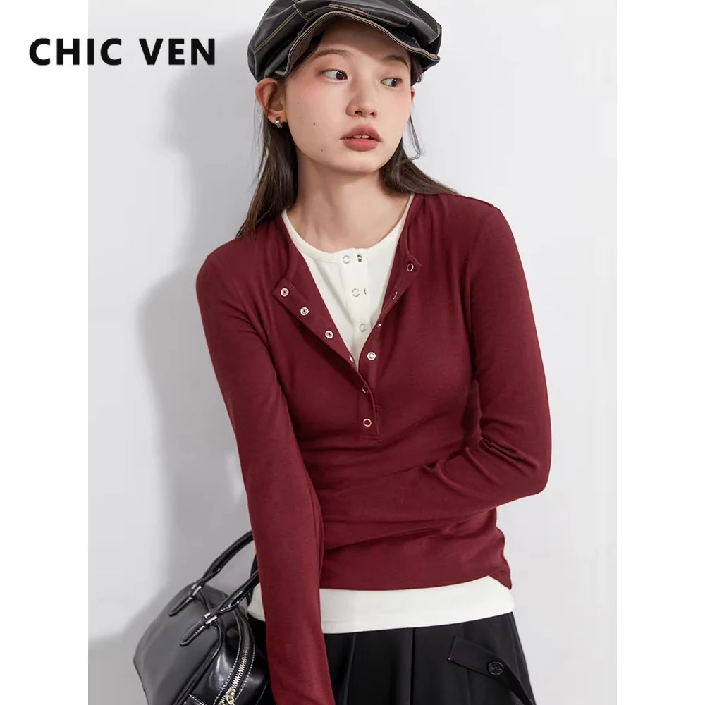 CHIC VEN Women Pullovers Fashion Casual Contrast Fake Two-piece‌ Slim T-Shirts Basic Female Clothing Autumn Winter New 2026