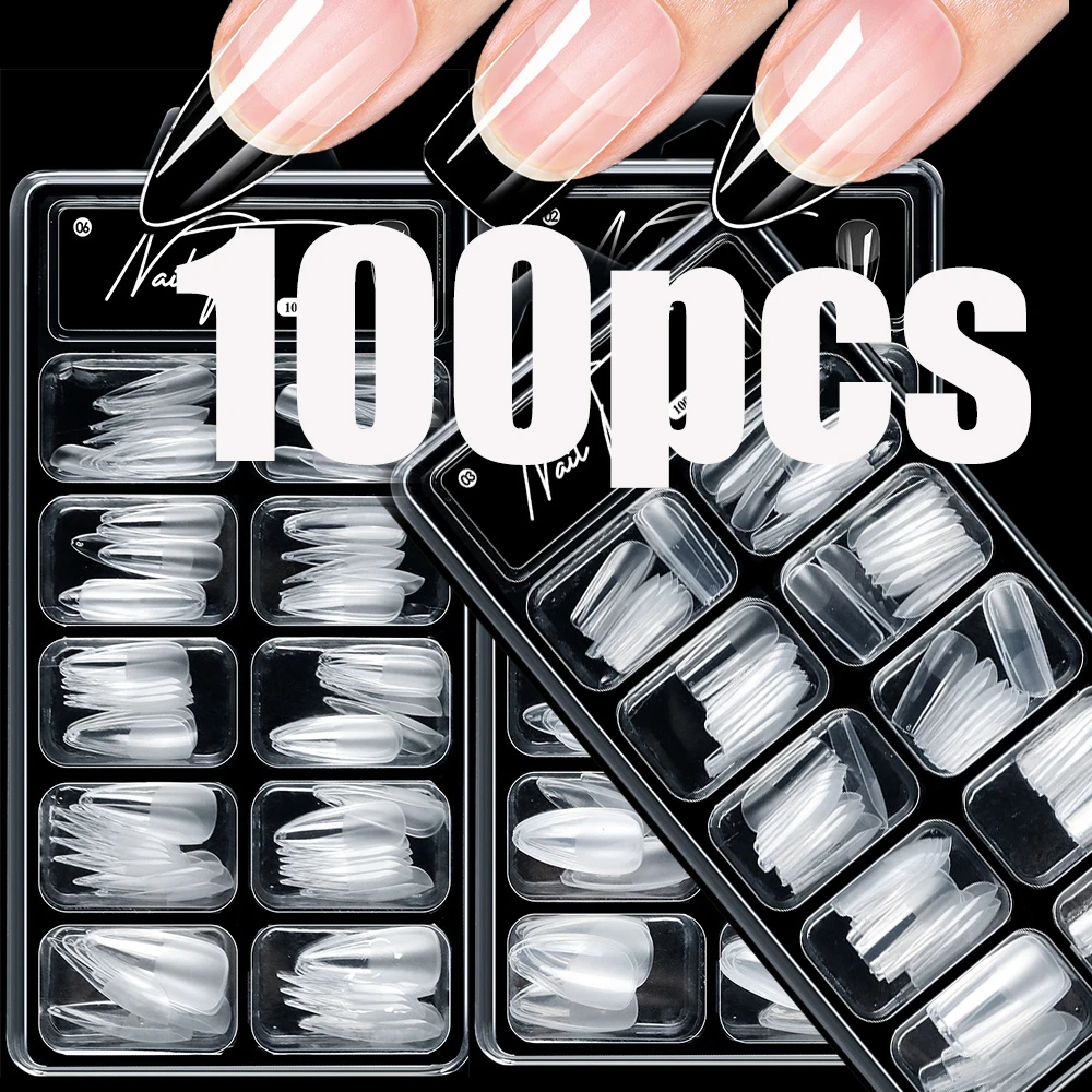 100 Uds./Caja de Puntas de Uñas de Gel Suave Cortas Almendradas/Cuadradas, Uñas Postizas Acrílicas Transparentes Almendradas de Cobertura Completa, Puntas de Uñas Almendradas Transparentes