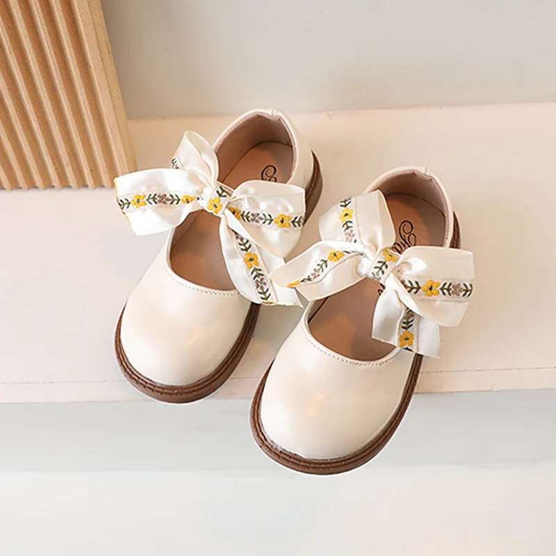 

2023 New Simple Round-toe Girls Loafers Bow Non-slip Children Fashion Leather Shoes PU Kids Shoes Drop Shipping Hook & Loop Flat