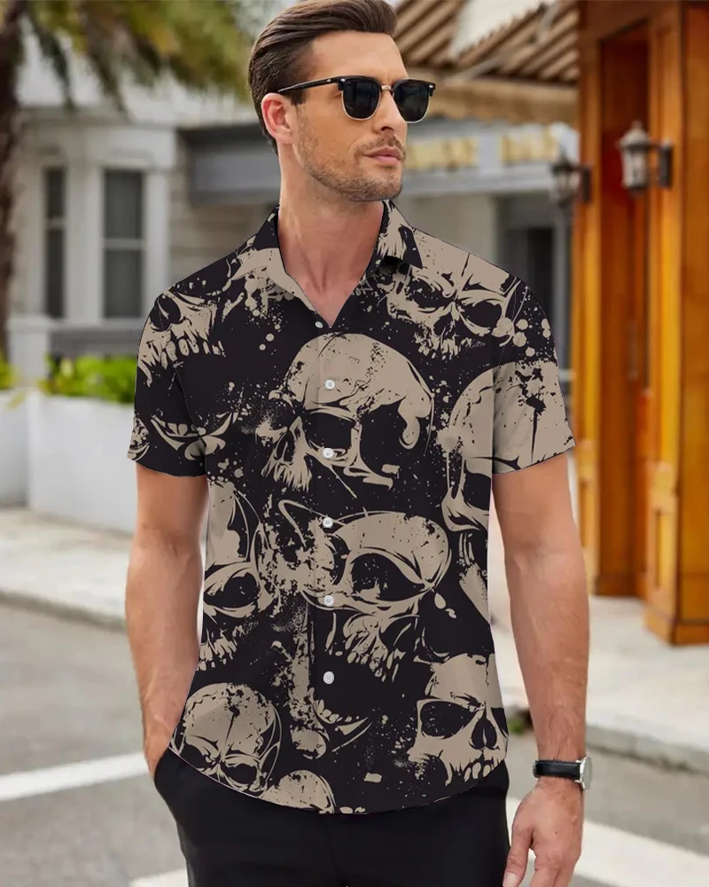 Men's Hawaii Shirt 3D 3D Printed Skeleton Man Pattern Button Down Short Sleeve Lapel Casual Street Shirt Men's Plus Size