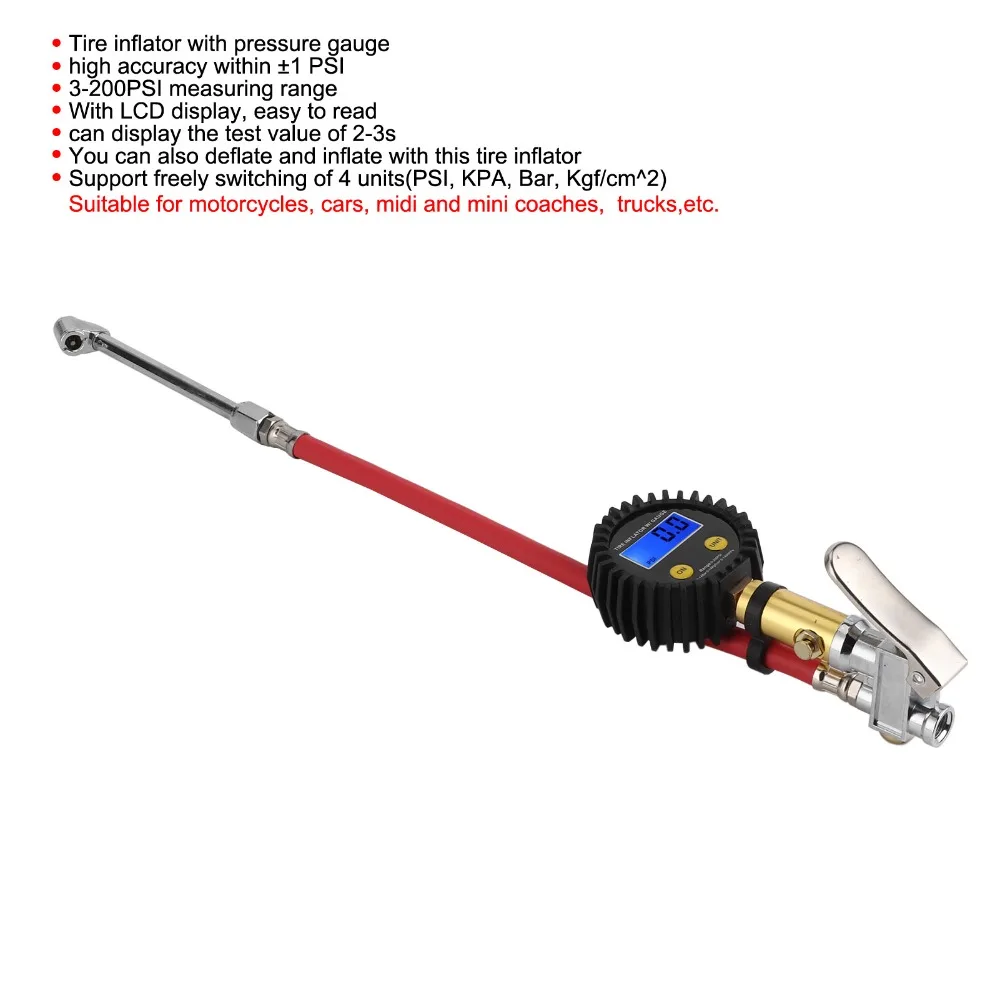 LCD Display Digital Tire Inflator 3-200PSI Range 4 Units Switchable Tire Pressure Gauge Universal Air Pump Tester