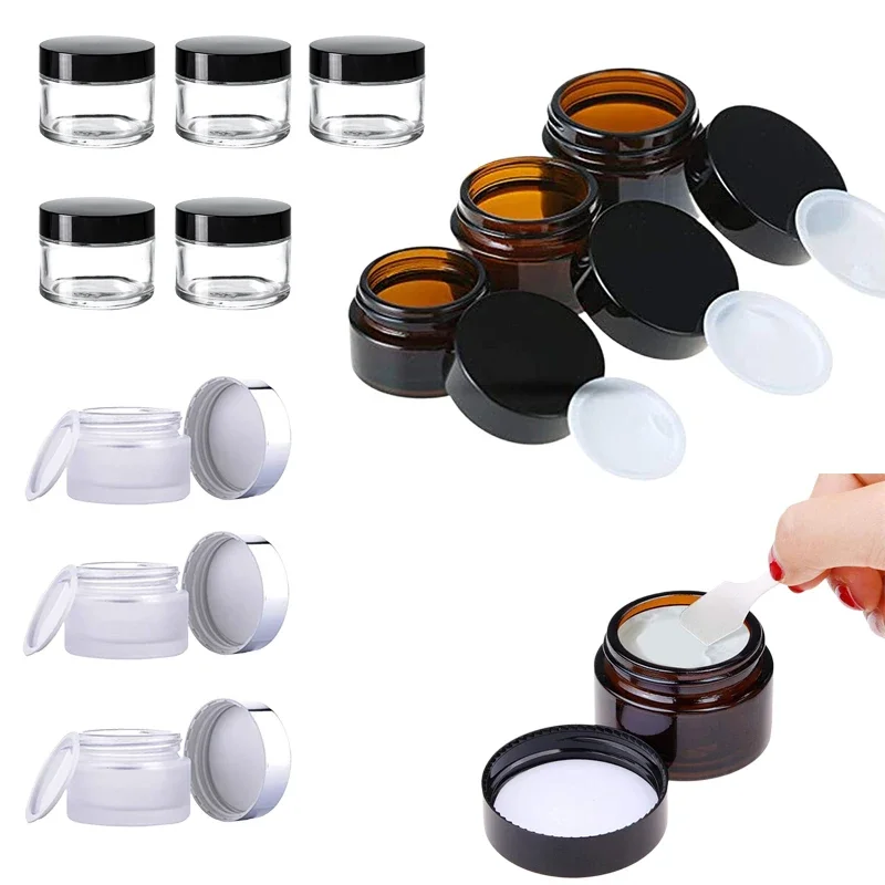 

10Pcs 5-100g Clear/Amber/Frosted Round Glass Jars With Inner Liners Silver/Black & Gold Lid For Lotion Creams Eye shadow Powders