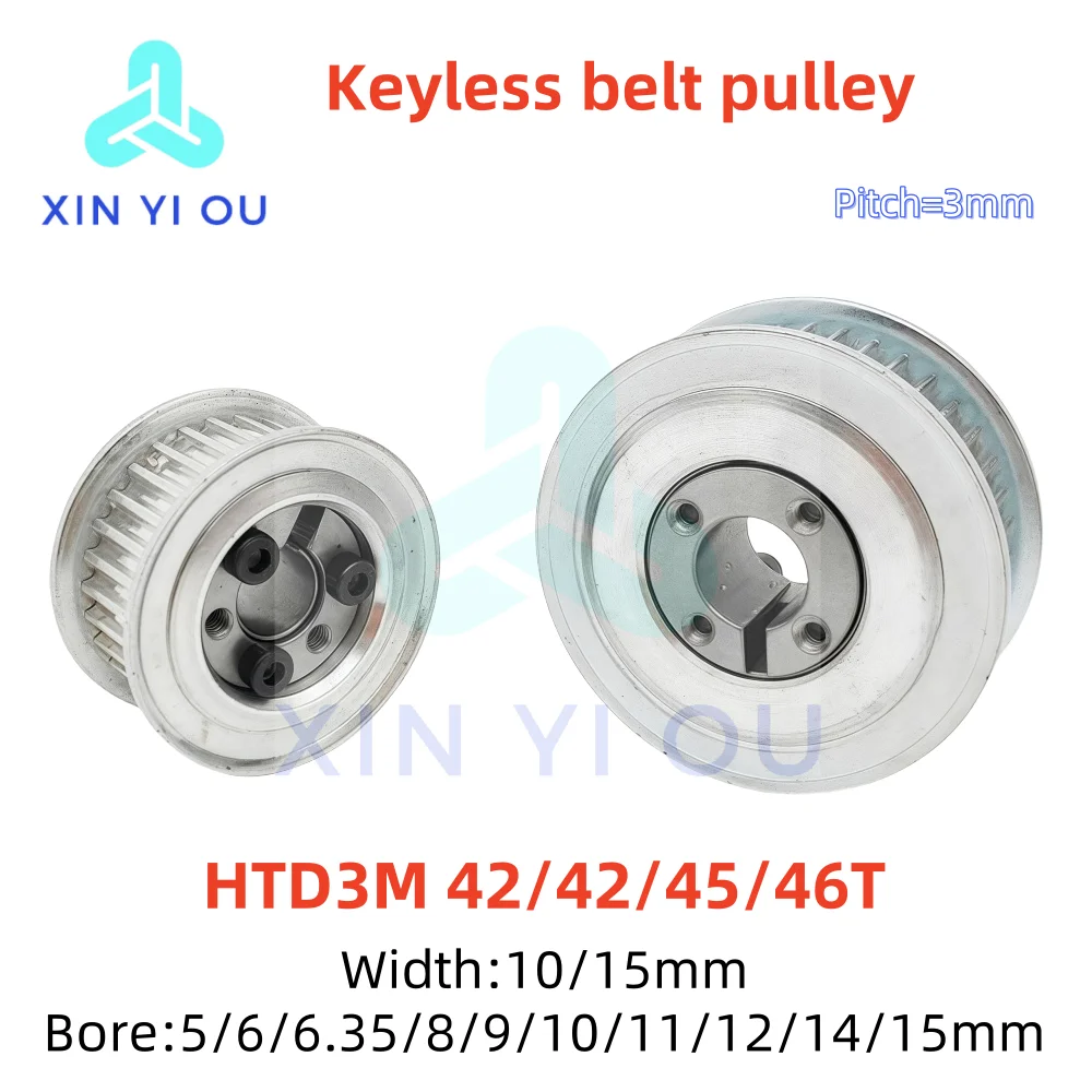 HTD3M 42/44/45/46 الأسنان جلبة بدون مفتاح توقيت بكرة Bore5/6/6.35/8/9/10/11/12/14/15 مللي متر حزام width10/15 مللي متر نوع بدون مفتاح قياسي