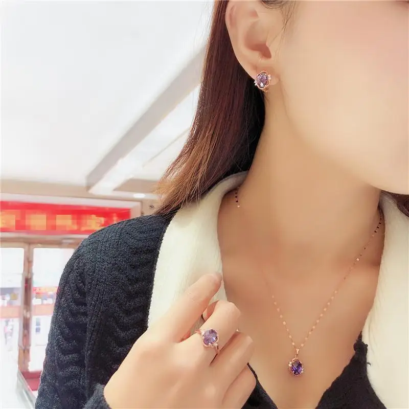 585 Purple Gold Plated 14K Rose Gold Inlaid Crystal Sapphire earrings for women engagement Wedding High Jewelry Set