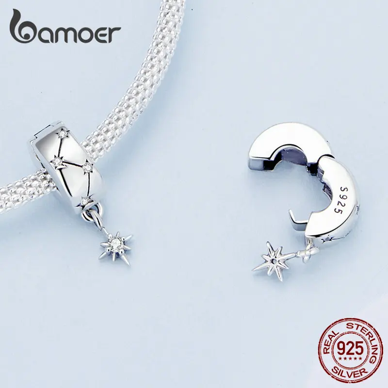 BAMOER 925 Sterling Silver Clasp CZ pave Clip Charms Daisy Beads Stopper Safety Chain fit Original Charm Bracelet Jewelry Clip