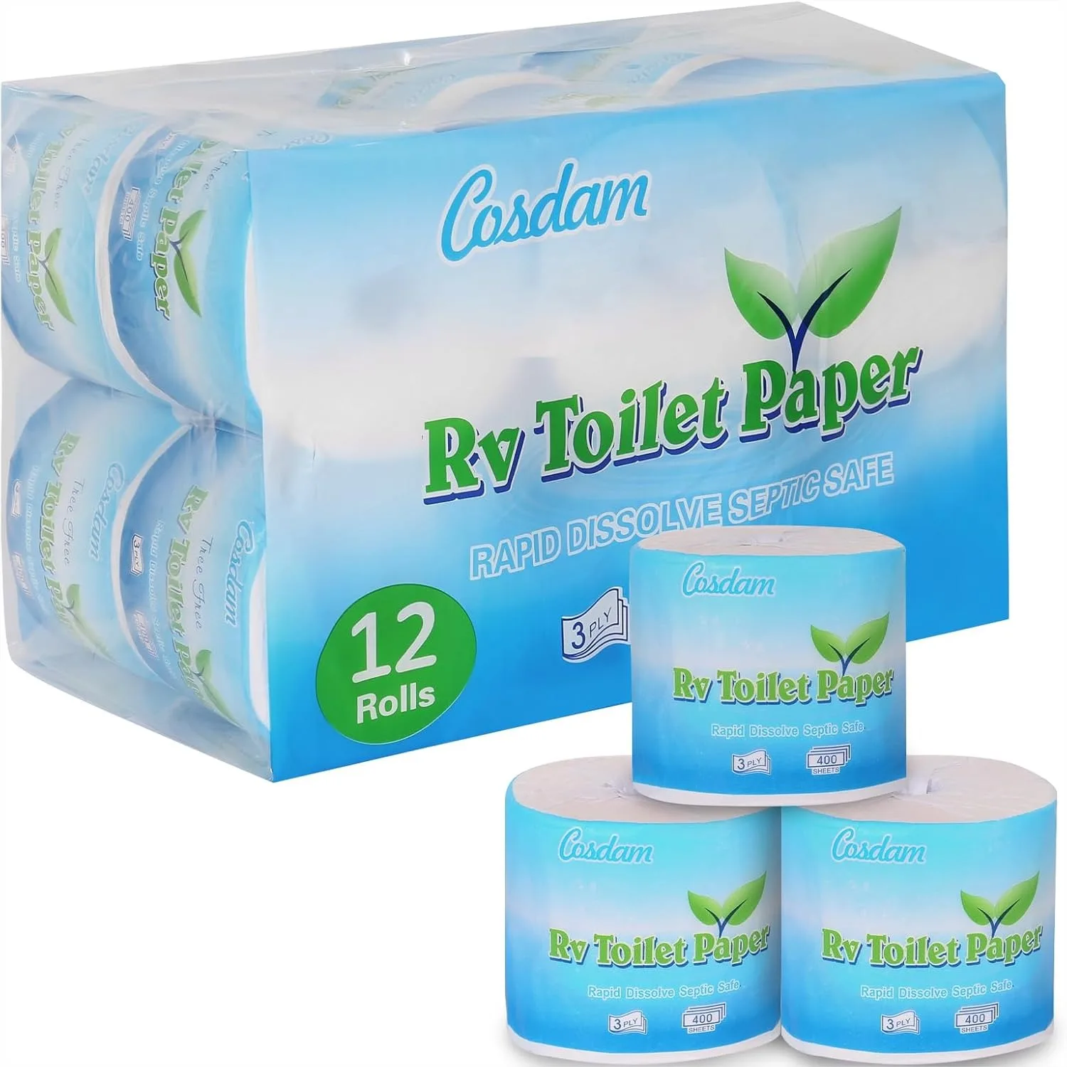 

RV Toilet Paper 12 Rolls 3-Ply 400 Sheets Fast Dissolve Bath Tissue For Camping Marine Holding Tanks