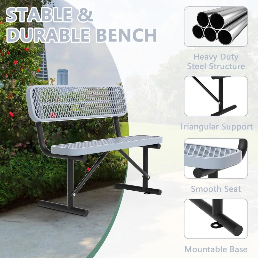 مقاعد حديقة معدنية خارجية شديدة التحمل باللون الرمادي مع مساند للظهر، مقاومة للعوامل الجوية لاستخدام الحديقة، مثالية للمدارس والمتنزهات