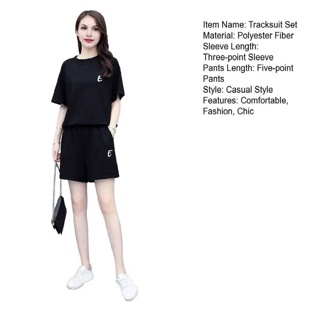 

Женская одежда из двух предметов, летний топ с круглым вырезом и короткими рукавами, короткие спортивные штаны, повседневный спортивный костюм для бега, однотонный комплект для отдыха