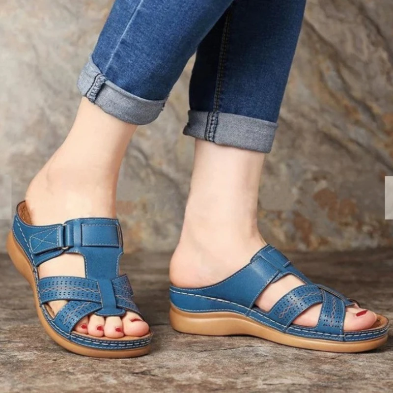 

2024 Women Wedge Sandals Premium Orthopedic Open Toe Sandals Vintage Anti-Slip Leather Casual Female Platform Retro Shoes 36- 43