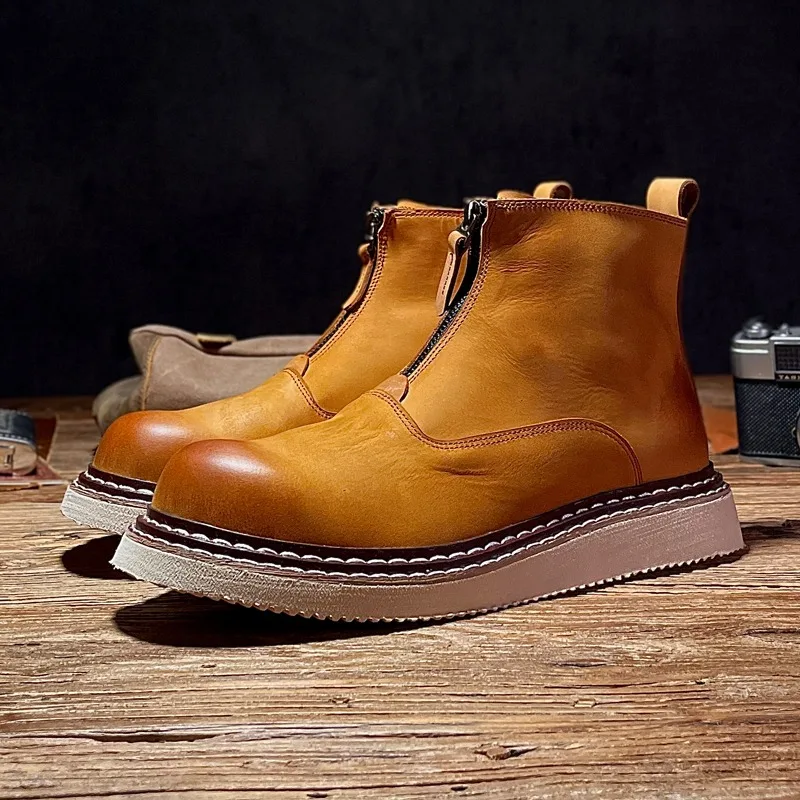 

Retro British Style Casual Zipper Work Boots Men Platform Shoes Genuine Leather Thick Sole High Top Outdoor Chelsea Ankle Boots