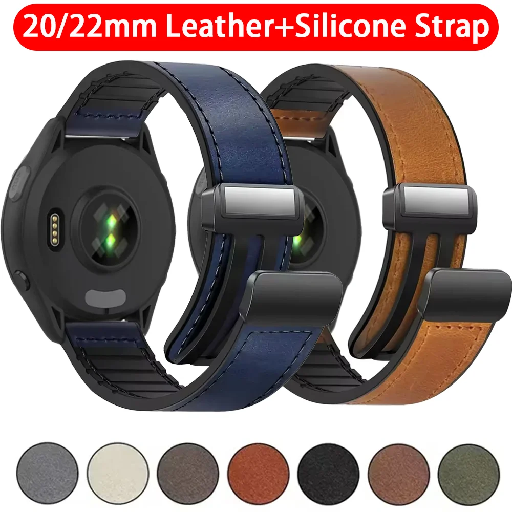 20/22mm Leder+Silikon-Armband für Garmin Forerunner 170 70 970 570 265 965 Magnetisches Armband Garmin Vivoactive 6 5 Venu 4 45mm