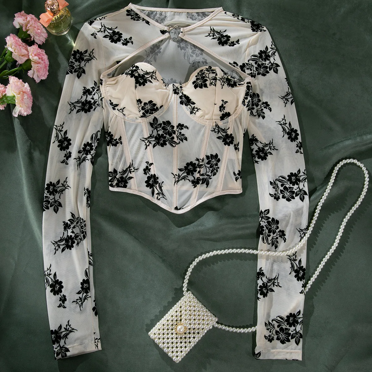 

Sexy​ Hollow Out Printed Long Sleeve Corset Women Crop Tops Fishbone Bustier Tank Top Slim Shaper Camisole Y2k Clothing T-shirts