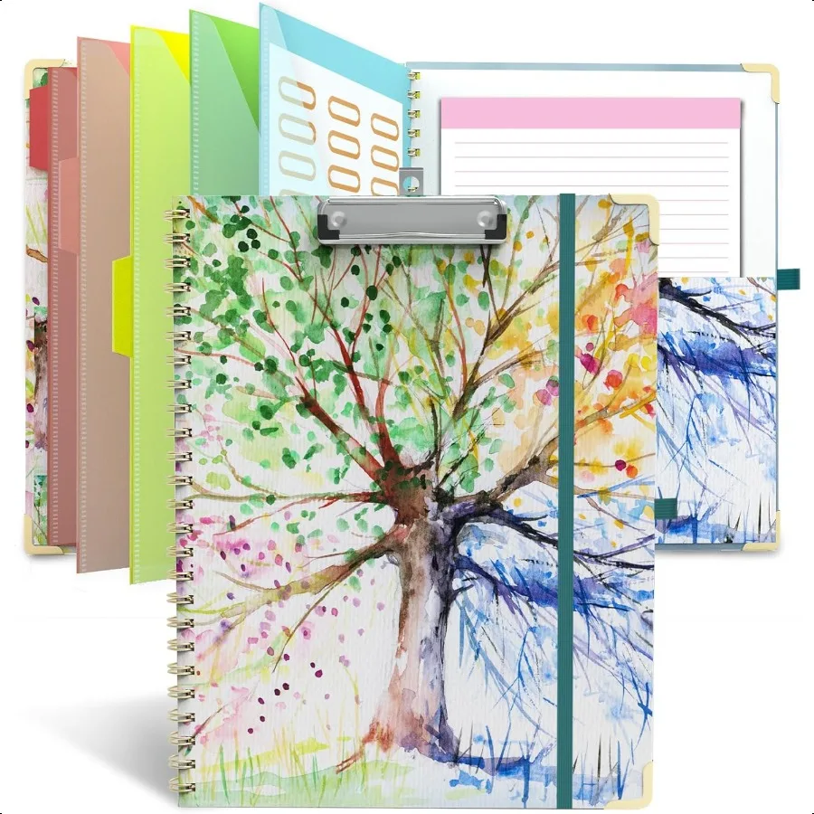 

Clipboard Folder with Notepad Refillable Lined for Letter Size 11 x 8.5 5 Dividers with Storage 10 Pockets Cute Spiral Foldable
