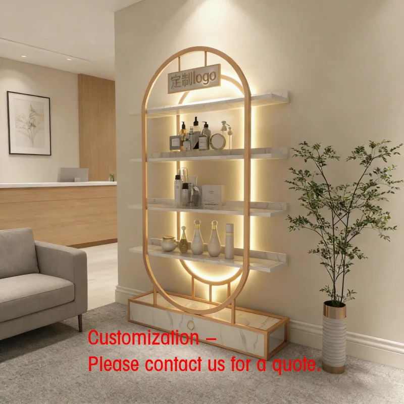 custom.Modern LED-Lit Gold Recyclable Perfume Shop Display Furniture Stainless Steel Display Rack Counter Luxury Sh