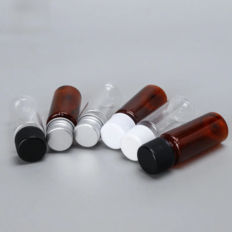 20 مل زجاجة بلاستيكية شفافة بغطاء لولبي وغطاء ألومنيوم ضغط حاوية توزيع كاشف مقاومة للضوء