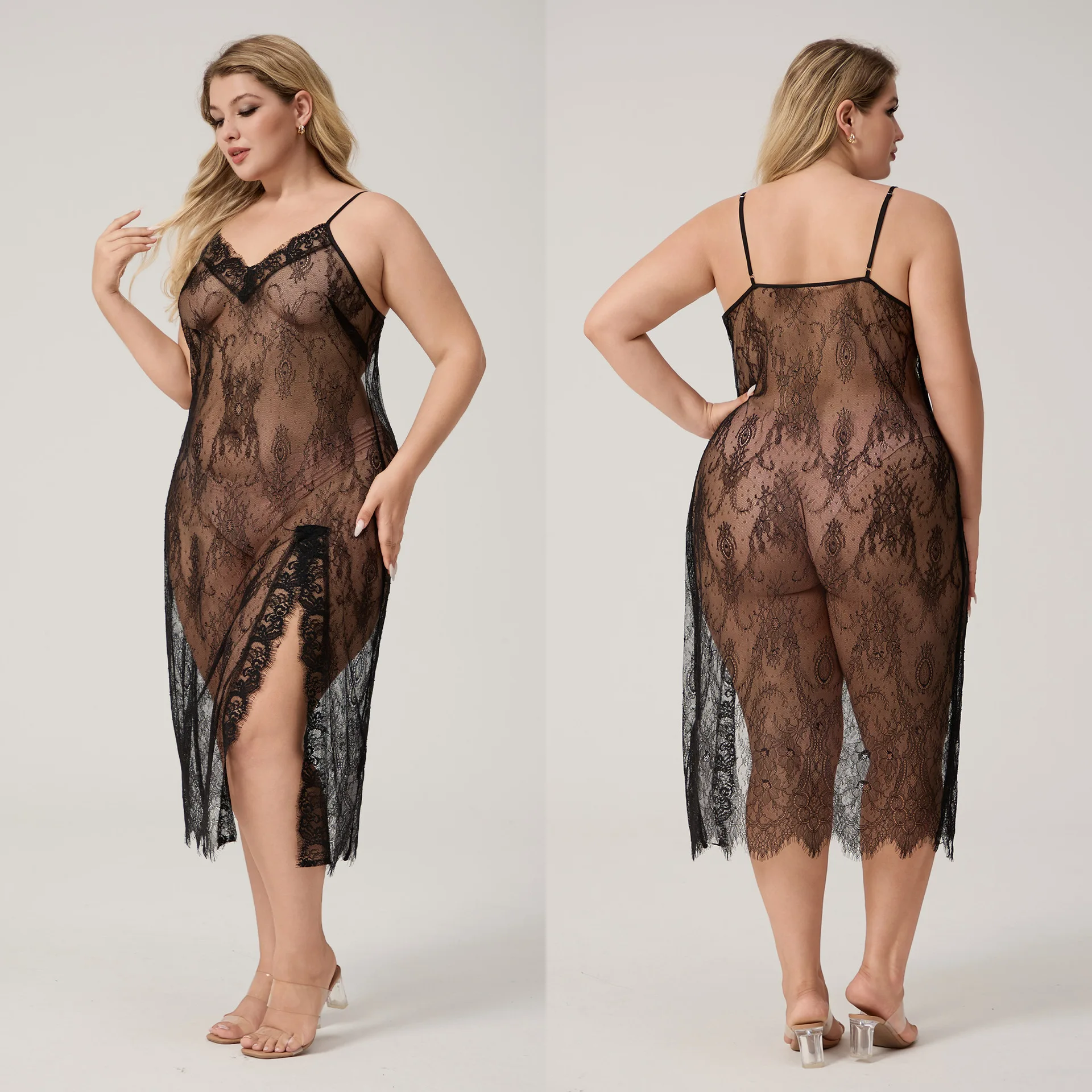 

Черная сетчатая длинная ночная рубашка, женская одежда для сна, сексуальная шифоновая ночная рубашка с глубоким v-образным вырезом, интимное белье, домашняя одежда