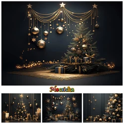 Albero di Natale nero Grande sfondo fotografico Palla dorata Lustro Stella Regalo Fondali fotografici Puntelli per riprese per bambini Decor Photobooth