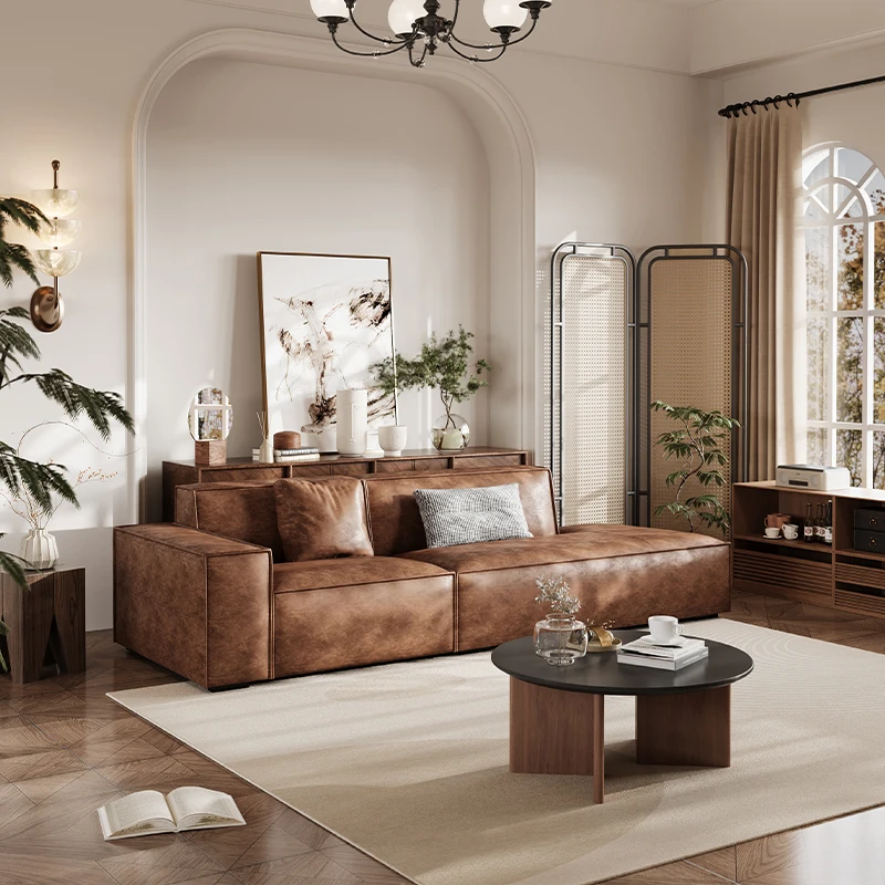 #Founder Tofu Block Sofa, Vintage Textured Oil-Wax Leather Fabric Sofa Bed