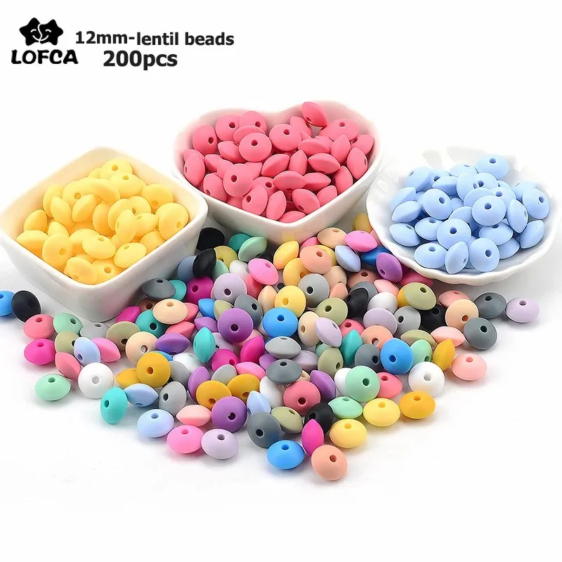 LOFCA 200pcs/lot Silicone Lentil Beads 12mm BPA Free Food Grade DIY Charms Necklace Bracelets Keychain Jewelry accessories