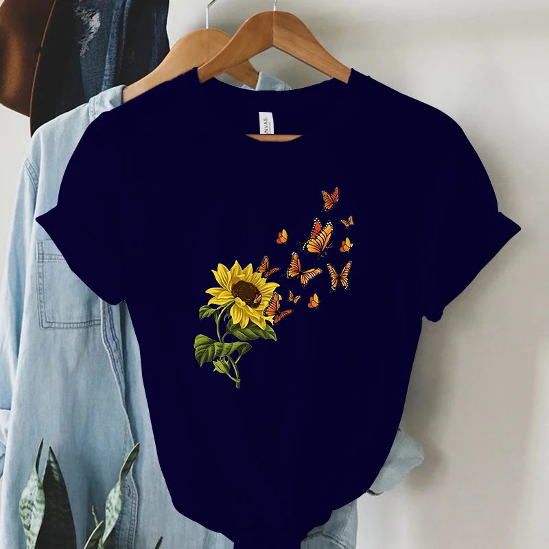 Sunflower a Group of Butterflies Tee Top T-shirt Fashion Clothes Summer Print Women Clothing Short Sleeve Graphic T-shirt