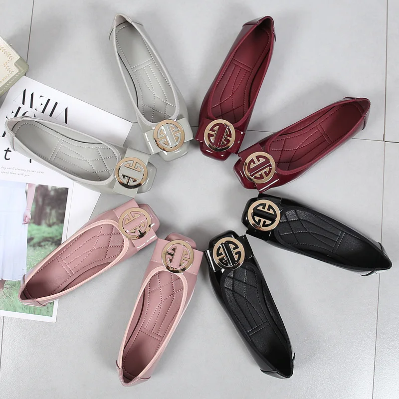 Fashion Women Casual Comfortable Flats Single Shoes Square Toe PU Leather Loafers Female Ballet Girls Cute Golden Large size 43