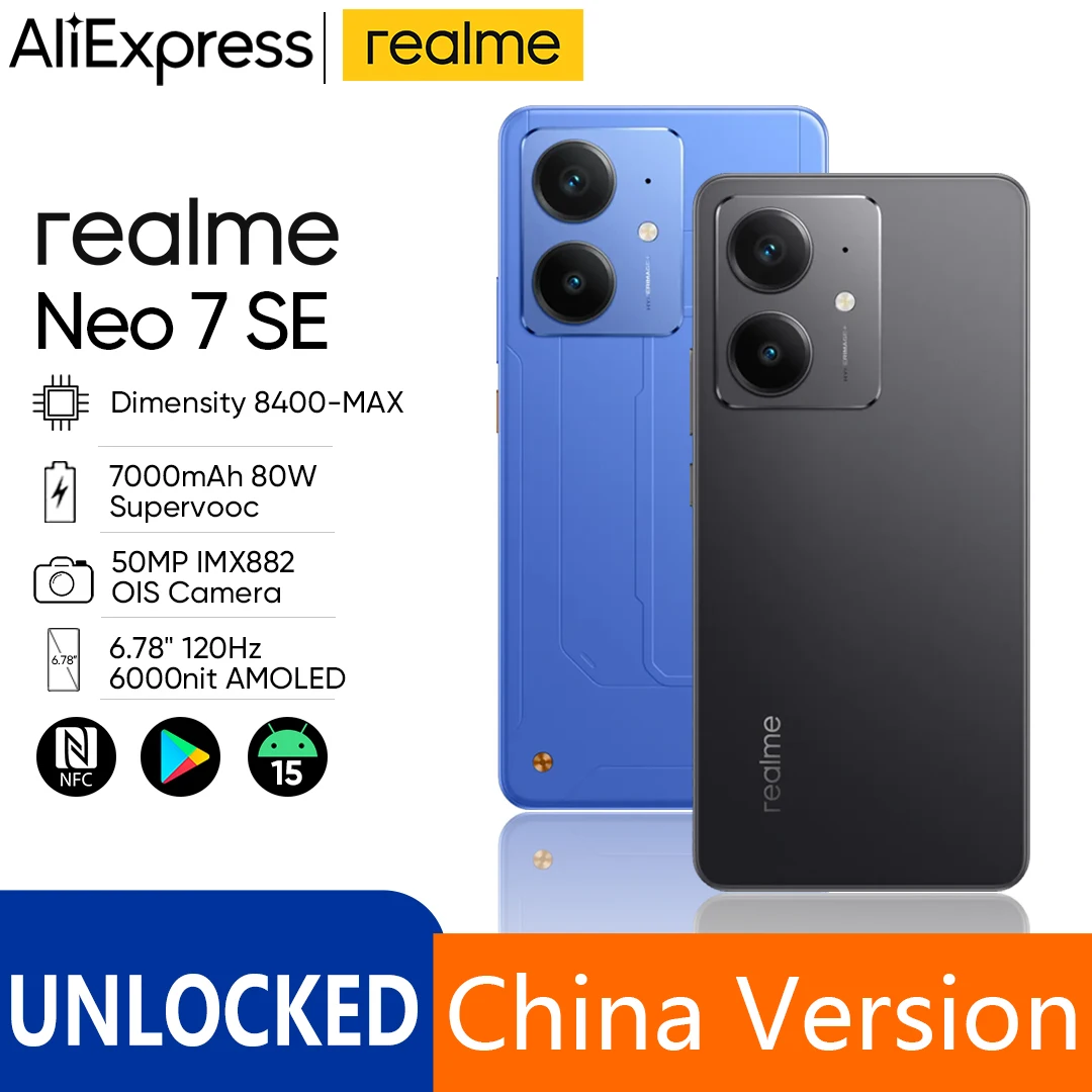 قفل منطقة شبكة Realme Neo7 SE Sim الأصلي غير مقفول الأبعاد 8400-MAX 80 وات Supervooc 7000 مللي أمبير في الساعة 6.78 بوصة 120 هرتز 50 ميجابكسل OIS NFC