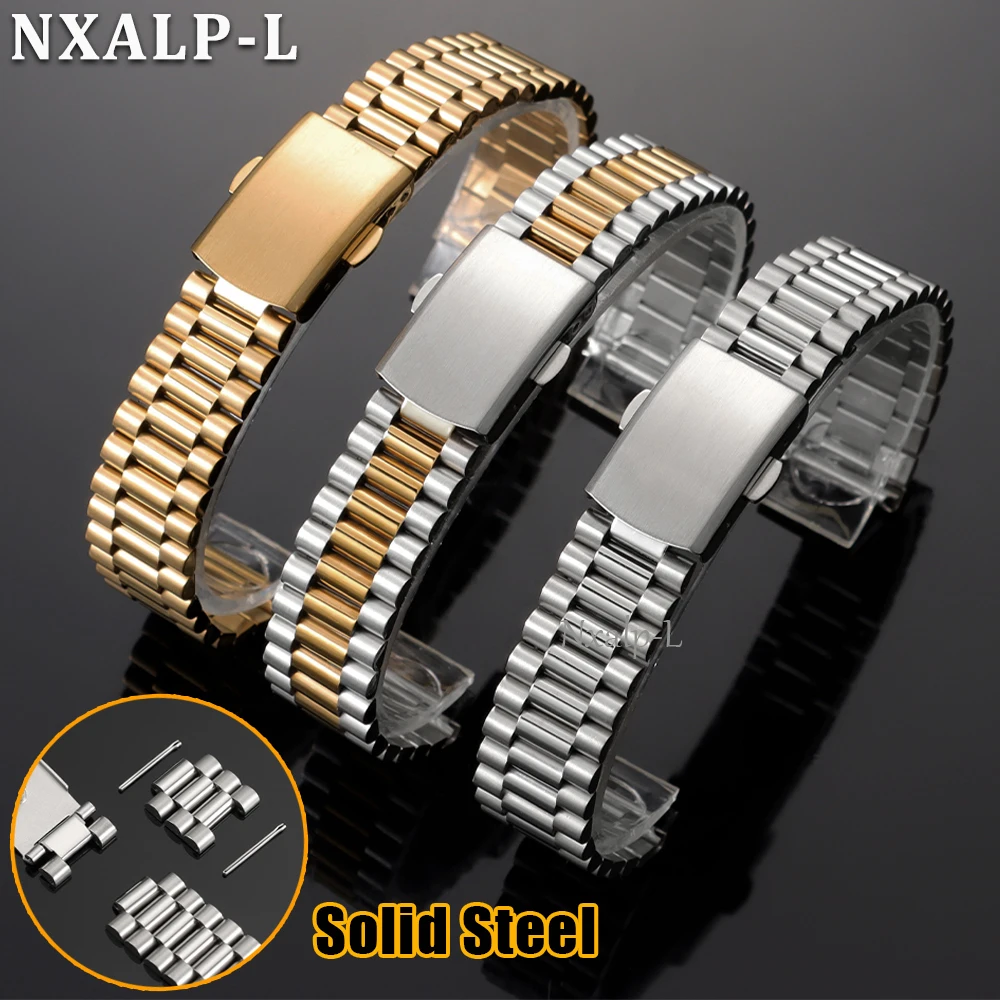 Massives Edelstahl-Uhrenarmband, 10 mm, 12 mm, 14 mm, 16 mm, Silber, Gold, Metallarmband, Faltschließe, für Herren und Damen, universelles Armband