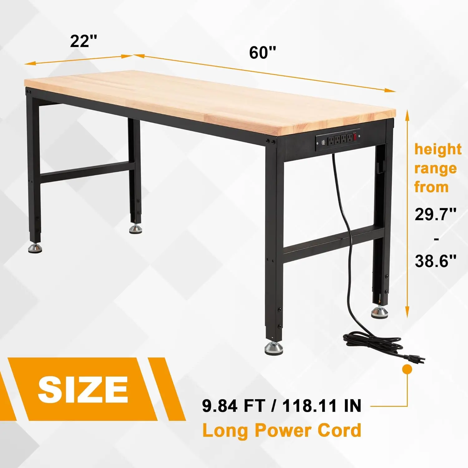 HABUTWAY-banco de trabajo de altura ajustable, estación de trabajo de madera de roble, resistente, con tomas de corriente, 60 ", 2000 Lbs de capacidad