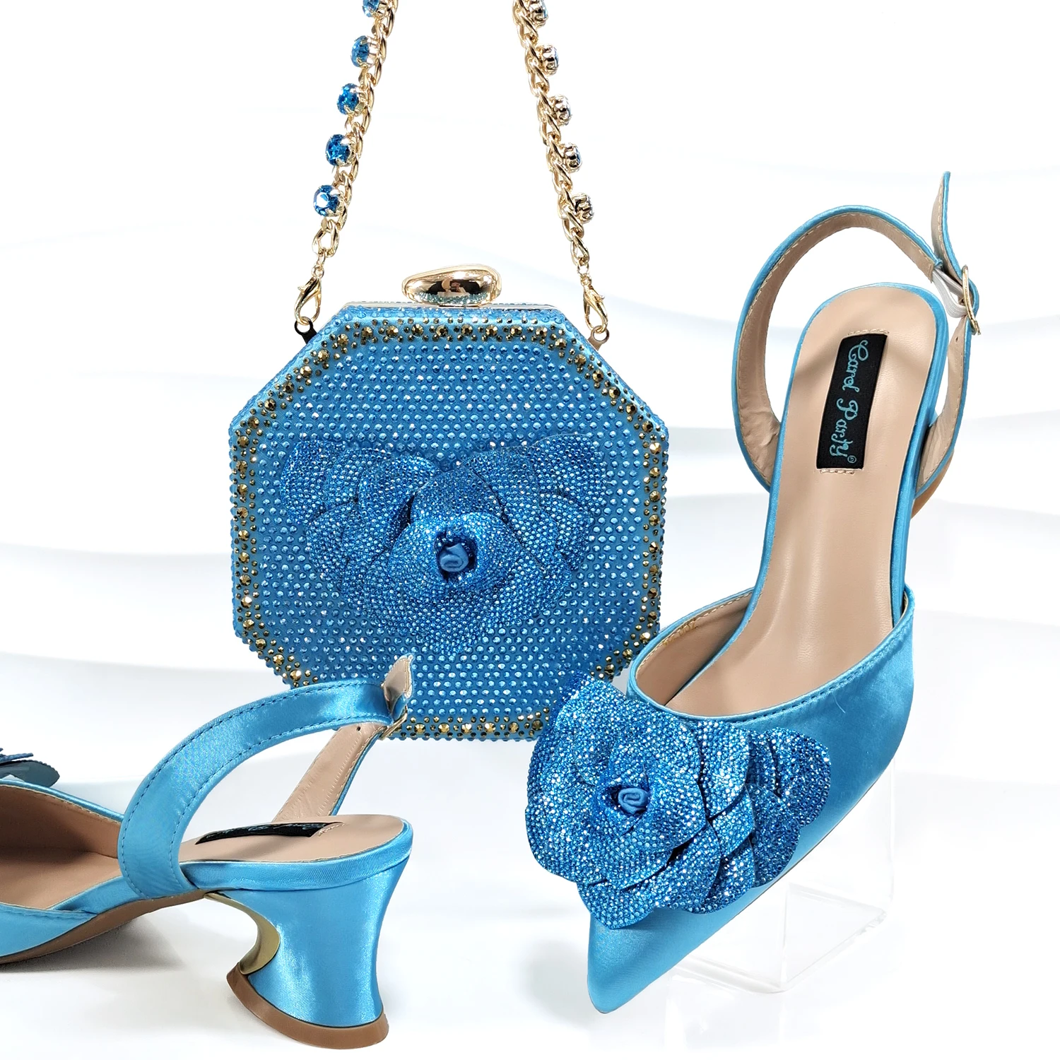 

Hot Selling Full of Rhinestone Decoration Flower Style Design Party Wedding Lady Shoes and Bag Set in Sky Blue Color