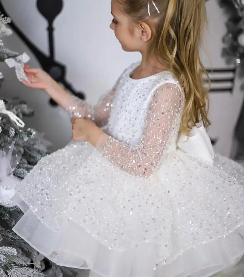 

White First Communion Dress for Girls Glitter Sequined Tutu Long Sleeve Sparkly Evening Party Fluffy Gown Kid Birthday Dress