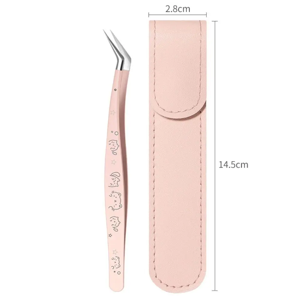 Stainless Steel False Eyelash Tweezers Anti-static High Precision Lashes Extension Tweezer Cartoon With Leather Case