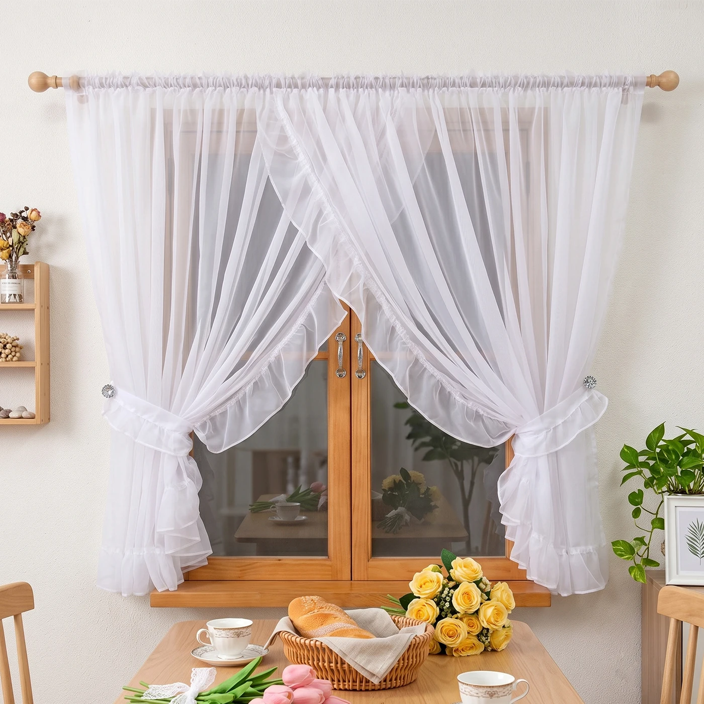 1PC Rod Pocket Romantic Sheer Curtain With Ruffled Trim, Light Filter Window Drape, For Living Room, Sweet Housewarming Gift