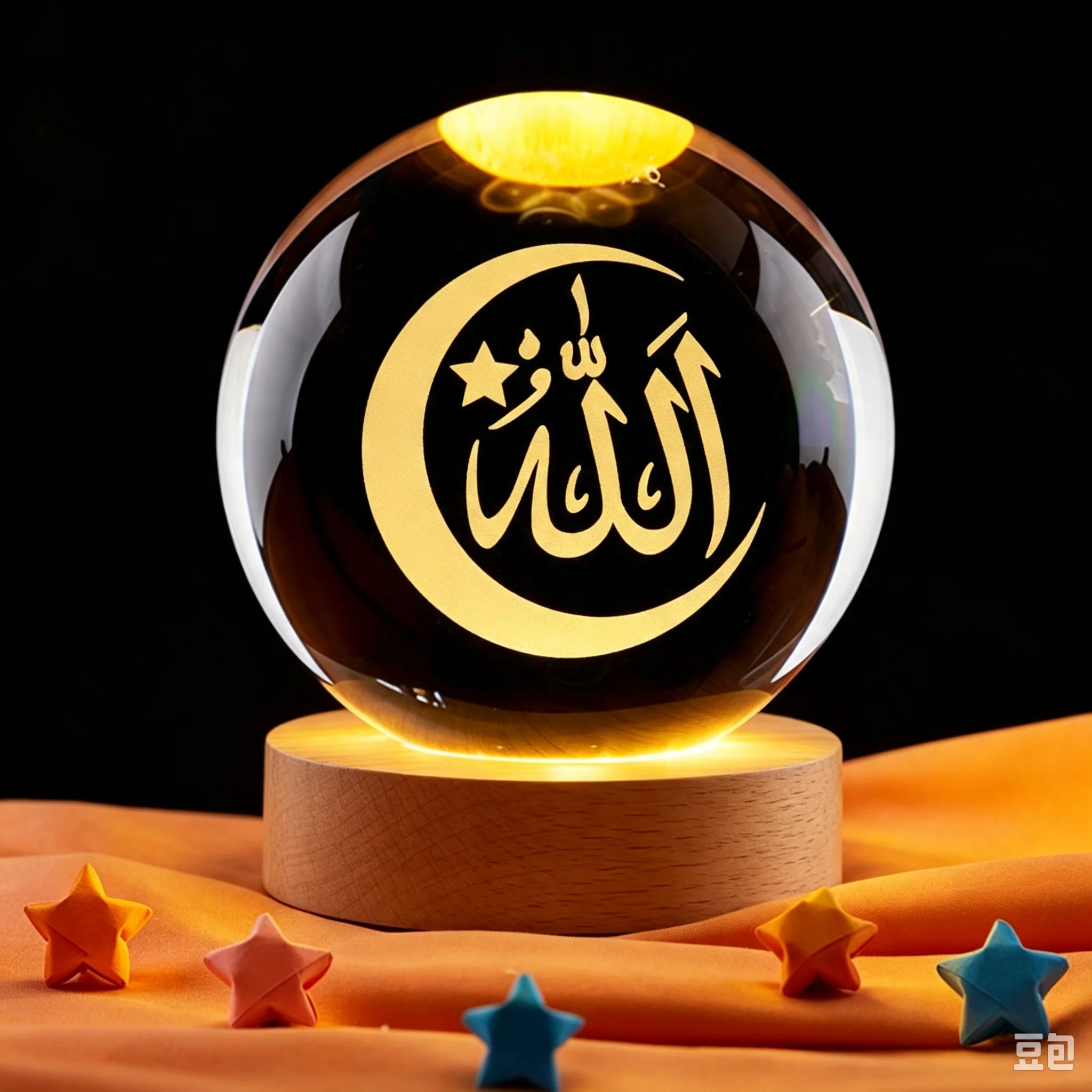 3D Laser Engraved Crystal Ball Night Light Muslim Islamic Ornament with USB Base Warm Color Ramadan Eid Festival Home Decor Gift
