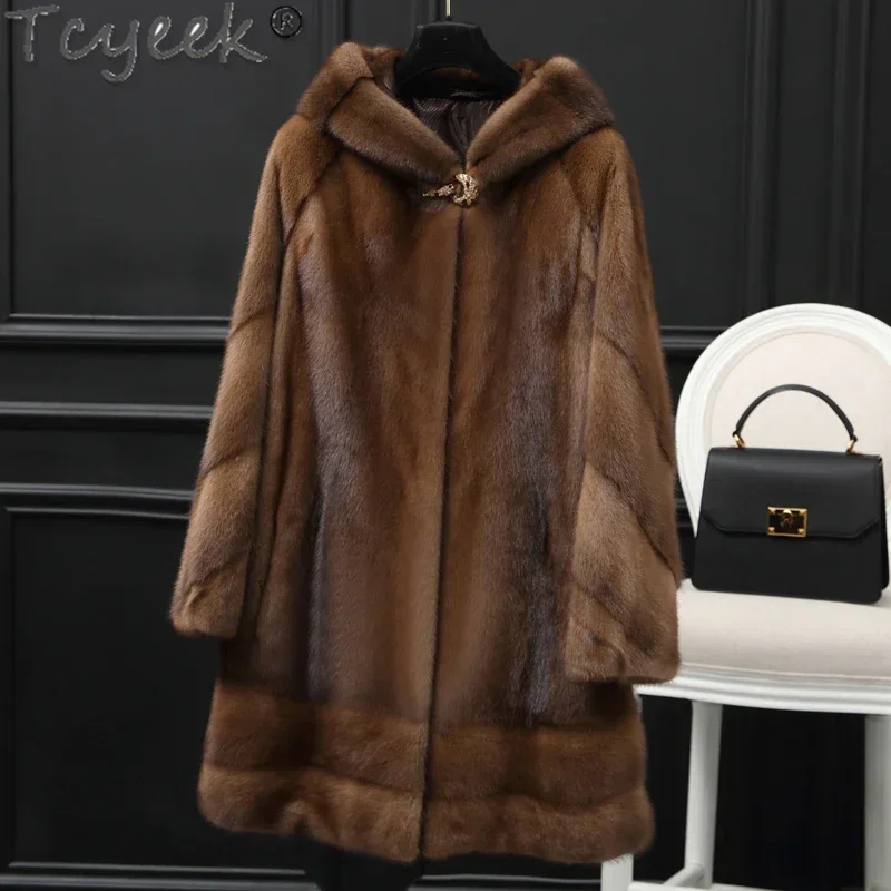 Tcyeek ขนสัตว์ธรรมชาติผู้หญิงความยาวกลางขนสัตว์ Mink จริงแจ็คเก็ตผู้หญิง Hooded WARM FUR Coats ผู้หญิงฤดูหนาวแจ็คเก็ต Fourrure femme