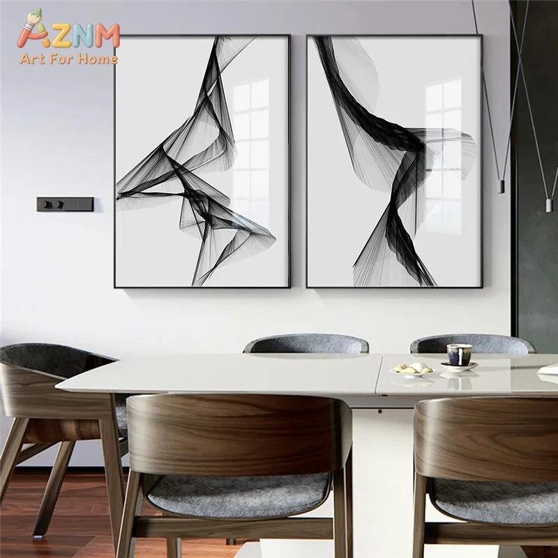 AZNM Minimalist Black White Flowing Ribbon Line Canvas Wall Art, Modern Abstract Smoke Wavy Geometric Art Unframed Print For Liv