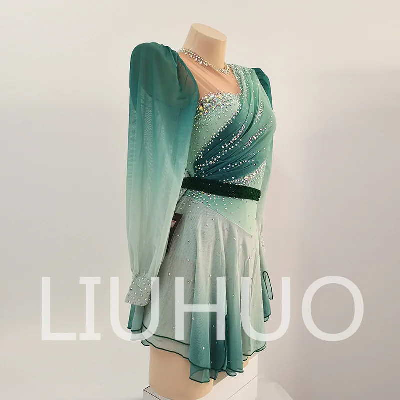 LIUHUO สเก็ตน้ําแข็งชุดแขนยาวสีเขียวหญิงวัยรุ่นยืด Spandex การแข่งขันชุด