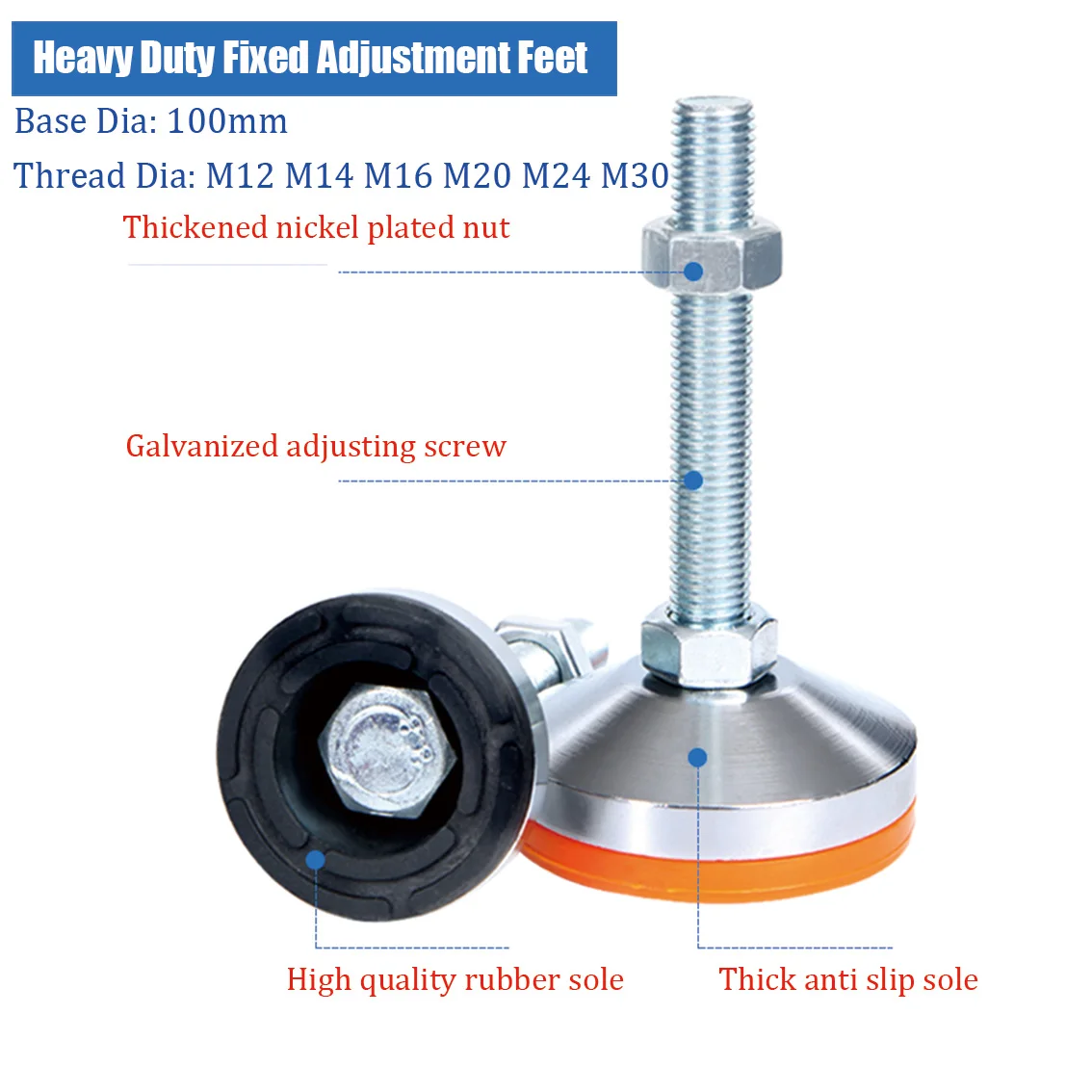 M12 M14 M16 M20 M24 M30 Heavy Stainless Steel Fixed Foot Cup  Adjustable Screw Foot Anti Slip Shock Absorber Support Foot 100mm