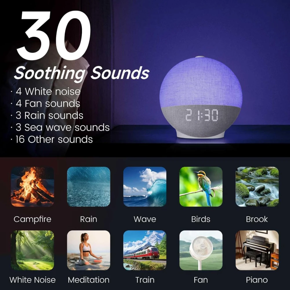 Wake Up Light Sunrise Alarm Clock White Noise Sound Machine Bluetooth Speaker Color Changing Night Lights for Bedroom Ideal Gift