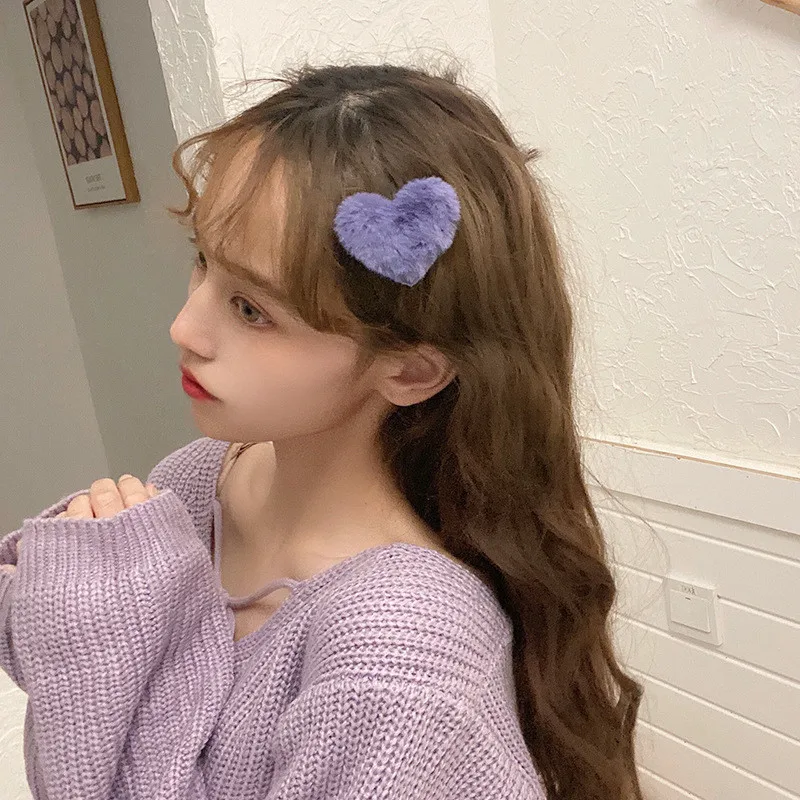 20Pcs/Lot Autumn Winter Women Hair Accessories Candy Color Plush Love Heart Shaped Bangs Hairpins Cute Hair Clip Girls Headdress