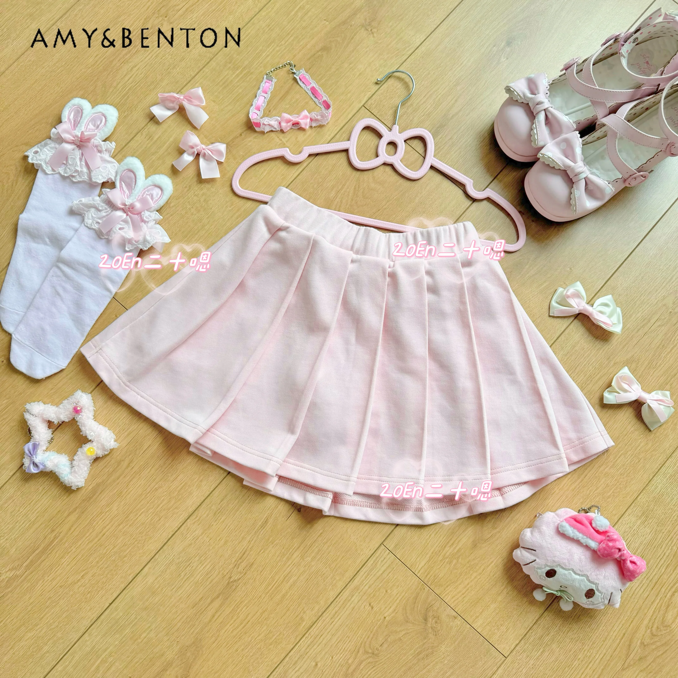 Cute Kawaii Bow Rabbit Ears Patchwork Hoodies High Waist Slim Pleated Skirt Two-piece Set Autumn New Sweet Y2K Lolita Skirt Sets